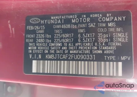2015 Hyundai Tucson from USA, damaged, VIN KMHJTCAF2FU090331